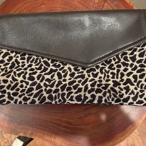 Handmade Clutch. Brown Faux Leather and Brown/Taupe Leopard Upholstery Fabric.